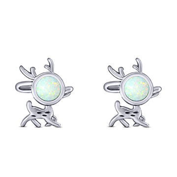 Deer Stud Earring Created White Opal Solid 925 Sterling Silver (10.1mm)